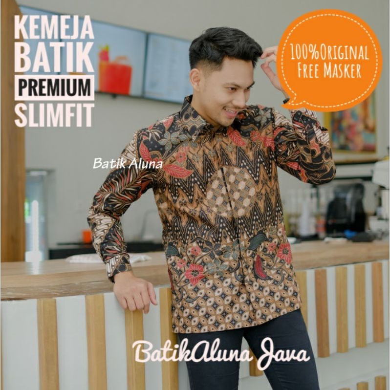 Kemeja Batik Aluna Premium Lapis Furing Batik Pria Modern Terkini Bahan Katun Free Masker Keren Bati