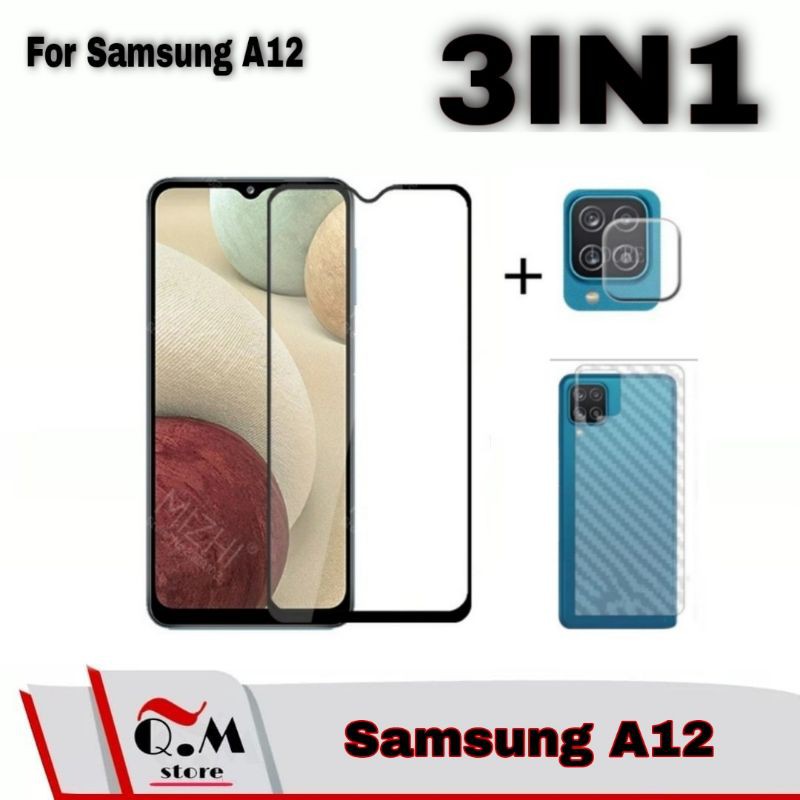 Paket 3 IN-1 Tempered Glass Layar Samsung A12 / M12 Full 9D Anti Gores Camera Dan Skin Carbon