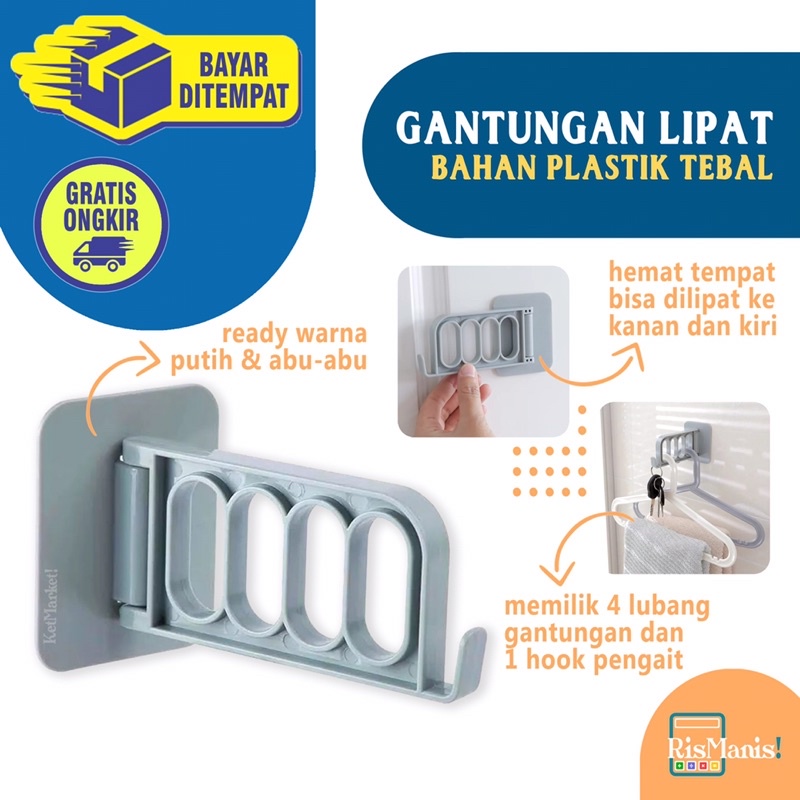 FOLDABLE WALL HANGER Gantungan Lipat Rotasi Tempel Dinding Kamar Hook Tembok Dapur Cantolan 4 Lubang