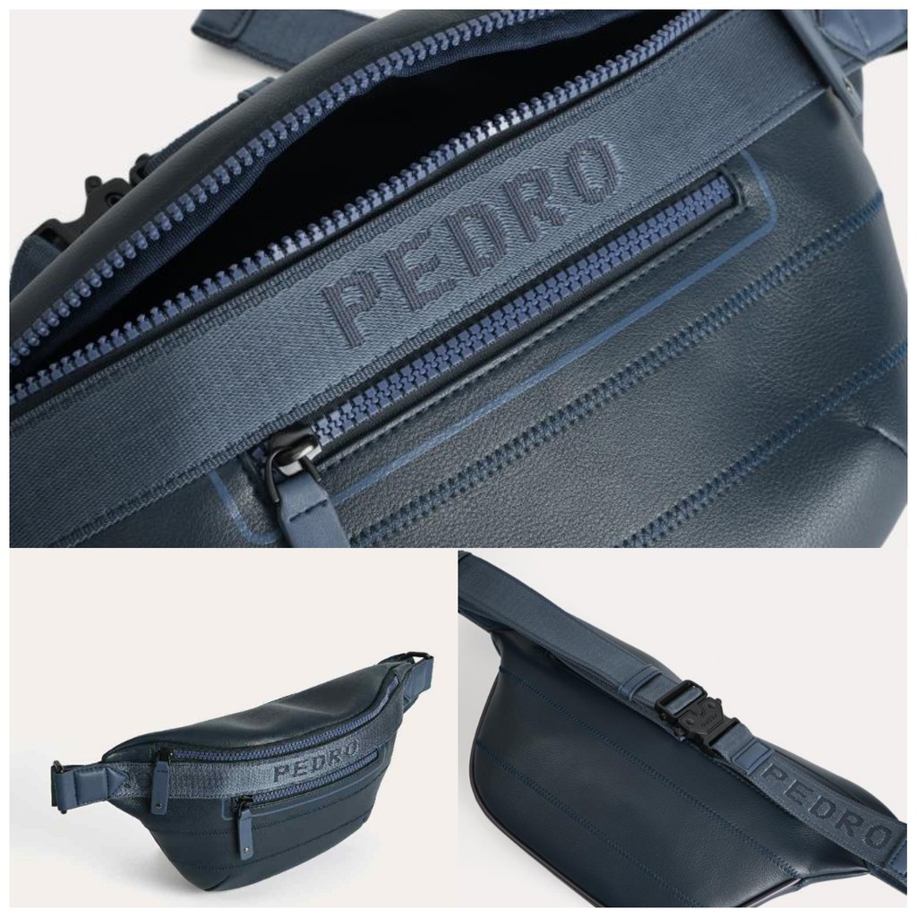 Pedro Tas Pinggang Pria Man Quilted Sling Pouch Bag Original Silver Navy Cowok