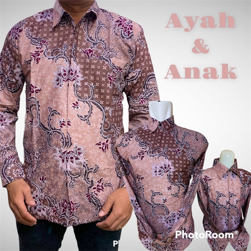 PS Baju Batik Couple ayah dan anak lapisan furing hero Warna peach,Batik pasangan ayah dan anak WARANA SALEM,Batik Premium,Batik Modern,Batik Jumbo,Batik Solo,Batik Kantoran