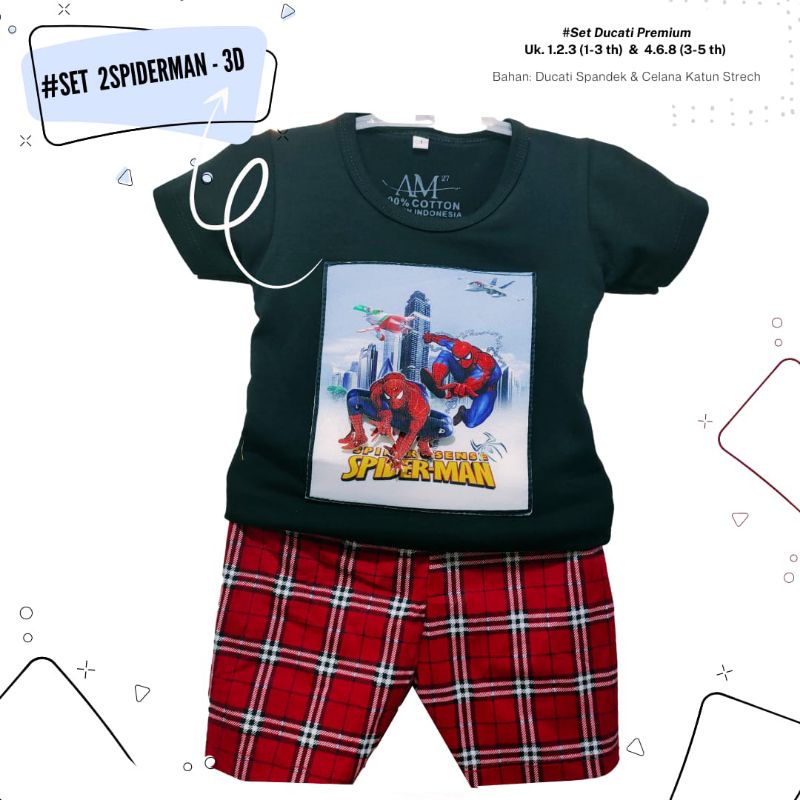 Setelan 3D anak laki-laki &quot;2Spiderman&quot; Size 1-5th bahan Ducati Katun Spandek Premium