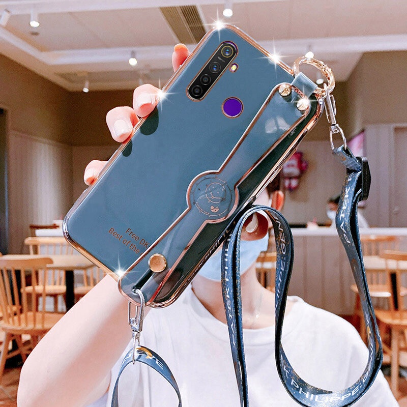 Soft Case Dengan lanyard Leher Aksen Berlian Imitasi Untuk OPPO Realme 5 Pro C3 5S 6i 5i