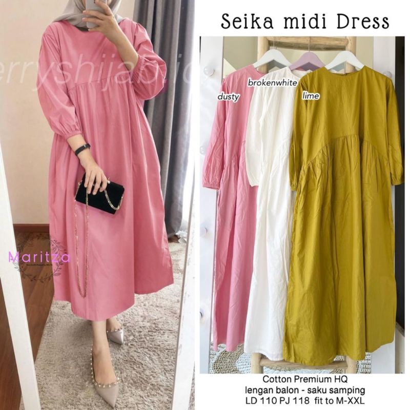 [TERBARU COD] SEIKA MIDI DRESS WANITA BAHAN KATUN RAYON PREMIUM Y&amp;M HIJAB