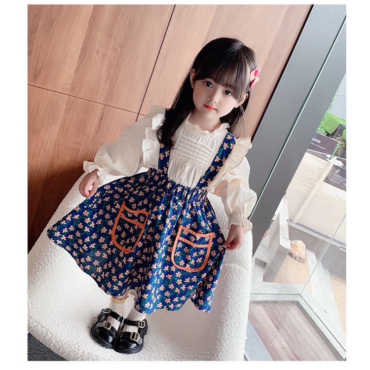 Dress import Anak Perempuan Gaun Pesta Korean Style Set 2in1 Motif Biru Bunga Pouch