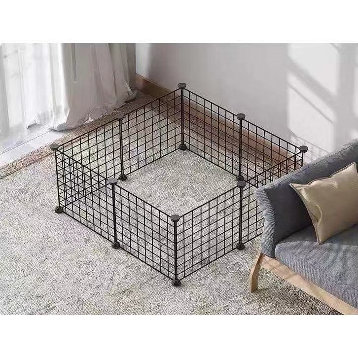 Gratis（Palu konektor stiker tali kunci）DIY Kandang pagar/Kandang Besi Lipat -Kucing Anjing Kelinci Kura-Kura Hamster Pagar Rak Penyimpanan-Hitam 8 PCS