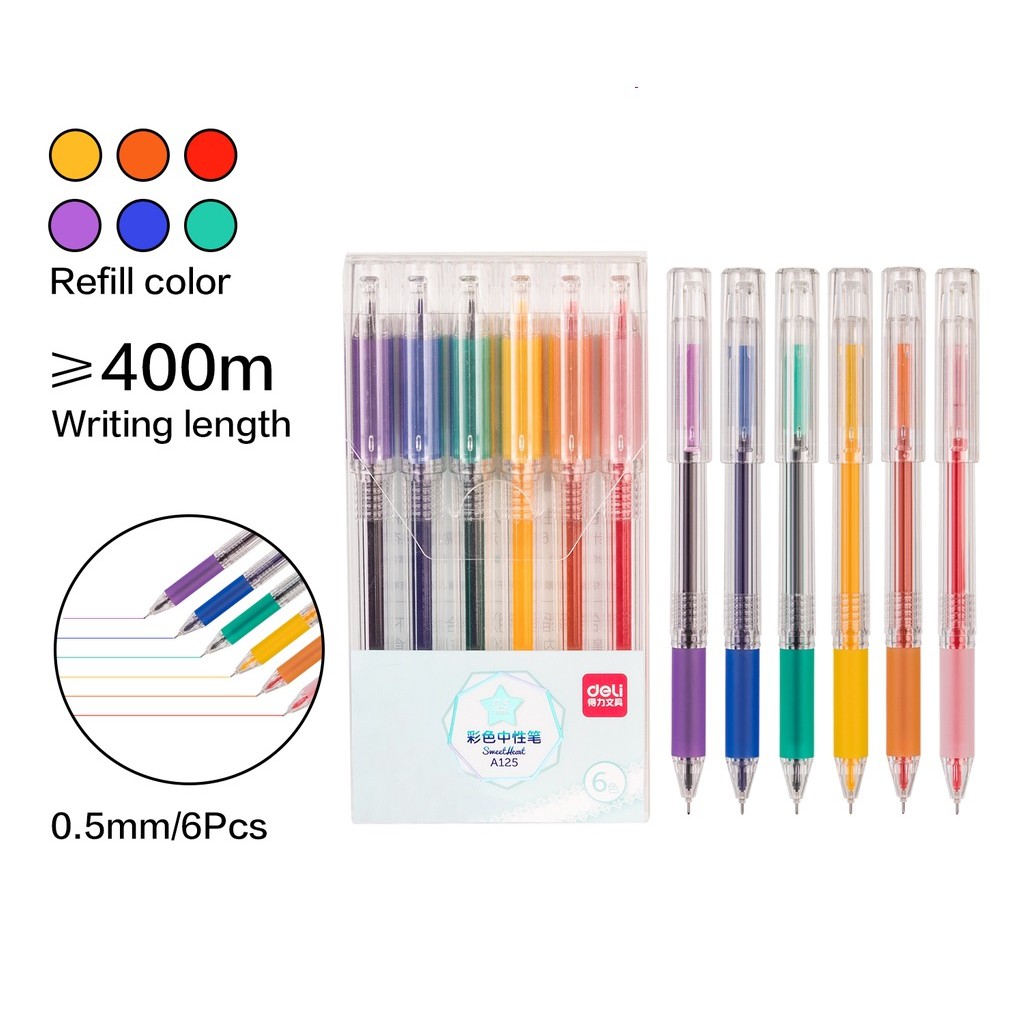 PULPEN GEL SET 6 WARNA DELI A125 0.5 MM UJUNG LANCING PEN BOLPEN GEL COLOUR