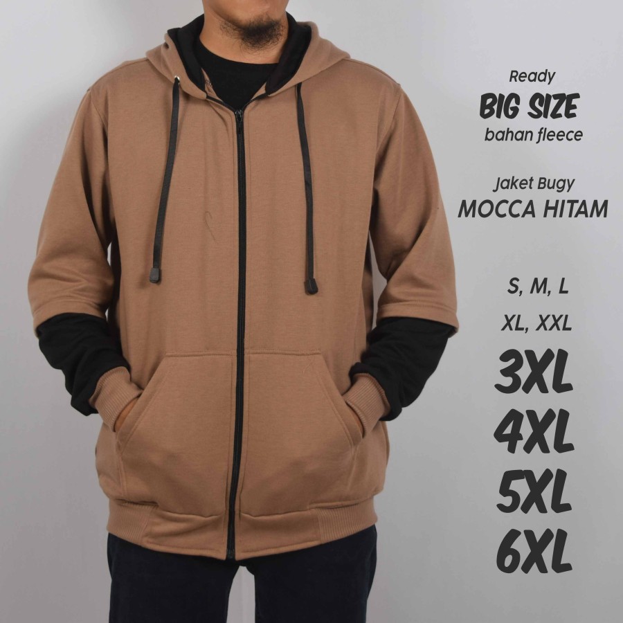 Jaket Zipper Pria Bugy Polos Mocca Hitam Hoodie Jumbo Big Size Terlaris Terkeren