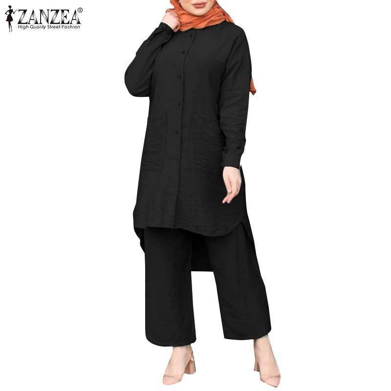 ZANZEA Women Full Sleeved Casual Loose Solid Blouse Suits Muslim Sets