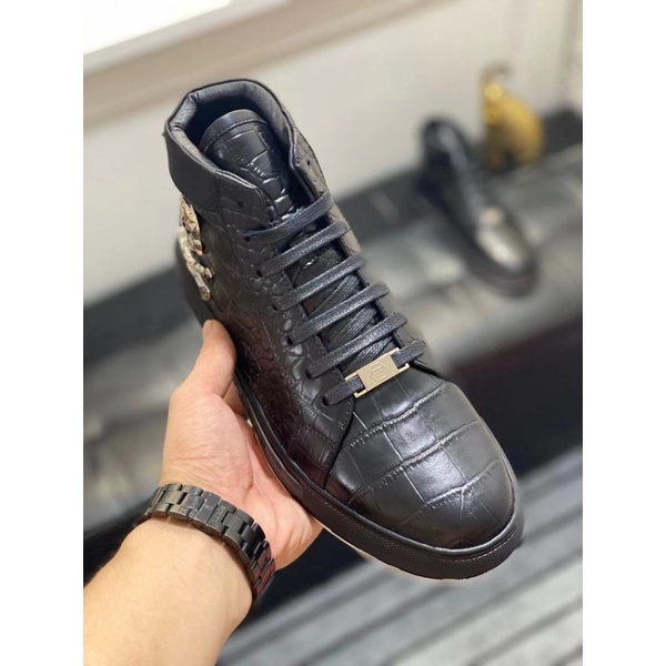 sepatu philipp plein sneaker boots mirror shoes men high end kulit hitam pp cowok P1SHOES