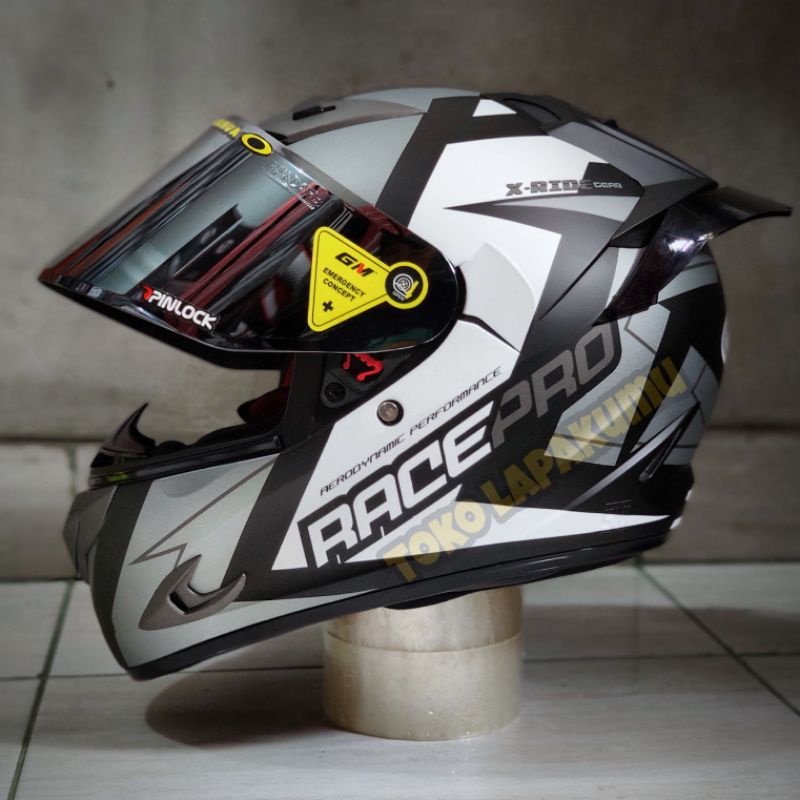 Terbaru Helm Gm Race Pro flat visor - helm fulpace Gm paket ganteng-Blacksilverdof gante