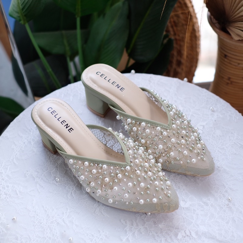 𝐂𝐄𝐋𝐋𝐄𝐍𝐄 Mi Sun Beads Heels / Wedding shoes green sage 5cm sepatu pengantin