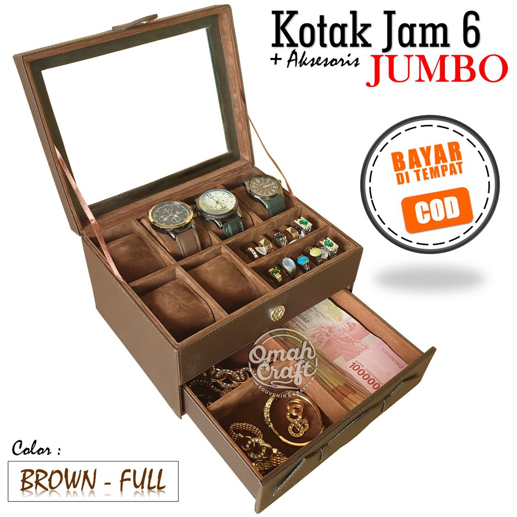 LARGE SIZE - Box Jam Tangan isi 6 JUMBO Kombinasi Perhiasan dan Aksesoris Warna COKELAT FULL