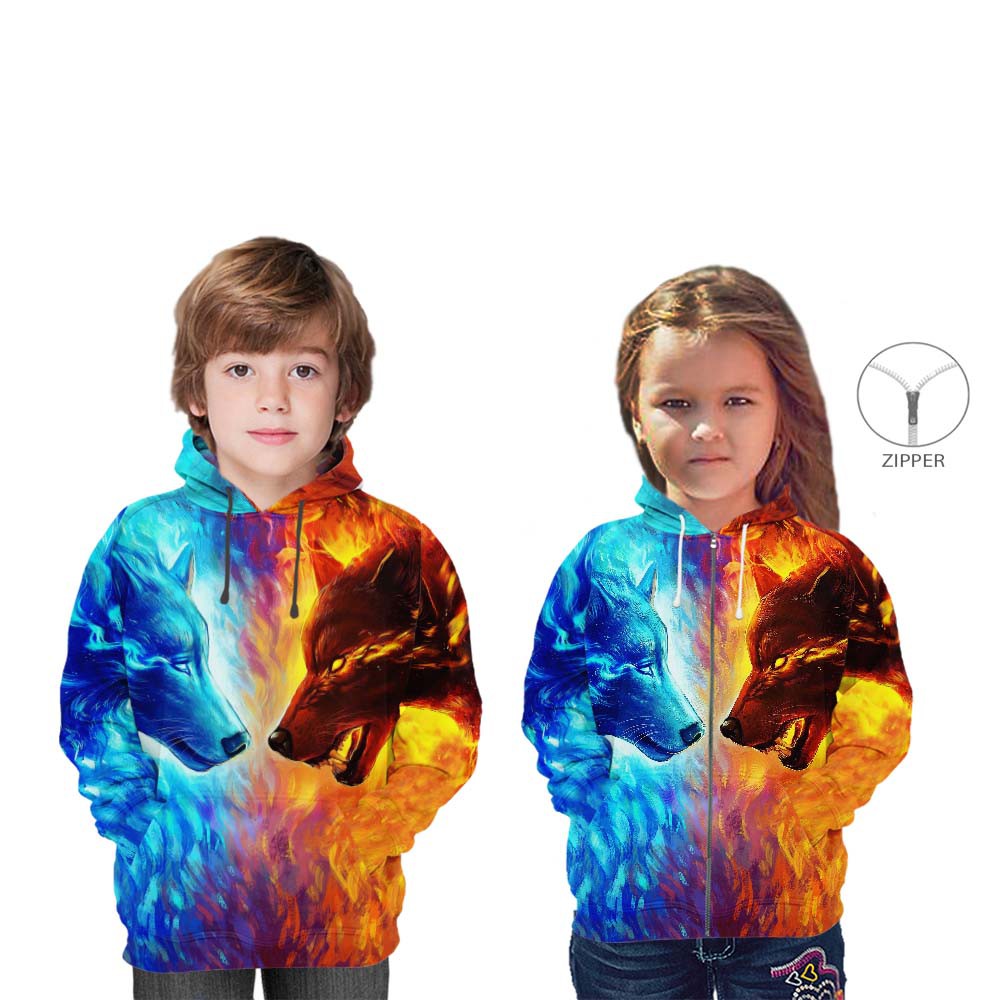 Jaket Hoodie WOLF FIRE AND ICE Premium Anak 3D Fullprint