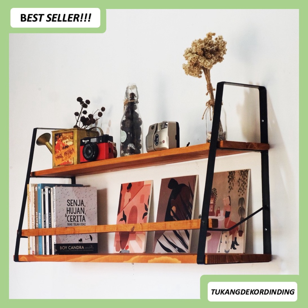 KUSKA RAK DINDING 2 AMBALAN KAYU BESI DAPUR TEMPAT BUKU MINIMALIS / rak dinding 2 ambalan serbaguna