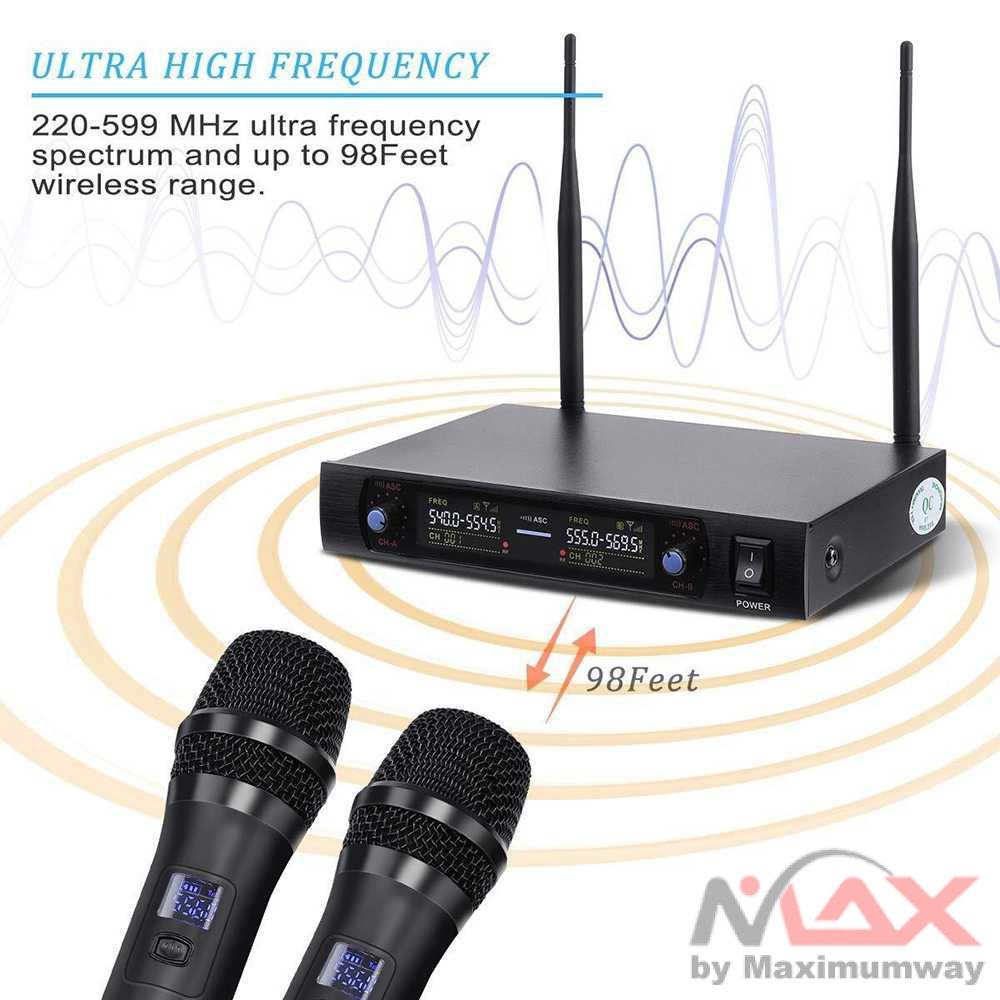 Mic Wireless Profesional UHF Fixed Frequency 2 Channels Wireless Microphone Professional System Dual Handheld Mic Long Range for Karaoke Stage Celebration Party KTV Karaoke Family Party Dual Professional VHF Wireless Micropon wireles Cordless Handheld