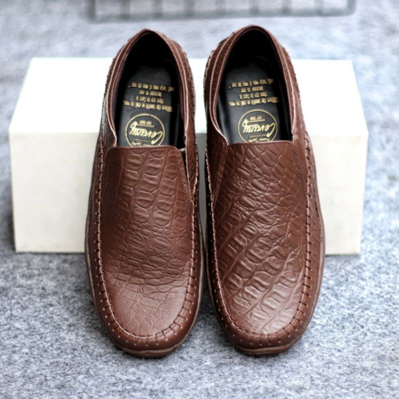 CROCO BROWN Sepatu Pria Casual Kulit Asli Slip On Formal Kerja Kantor Original