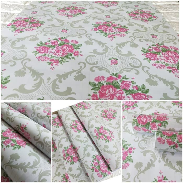 wallpaper dinding batik bunga pink ukuran 45cm x 10m