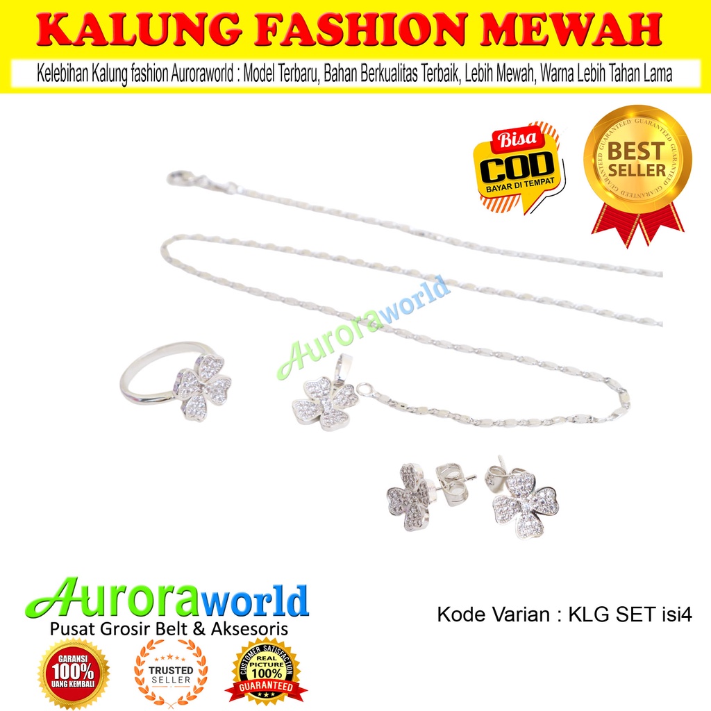 Set perhiasan lapis emas putih kalung giwang cincin 4 clover leaf