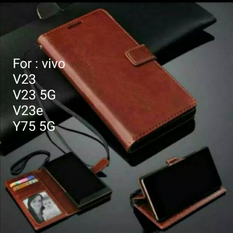 Leather Case Vivo V23 5G V23e e Y75 5G Sarung Dompet Wallet Kulit Casing Flipcover buku Book Folio Cover diary