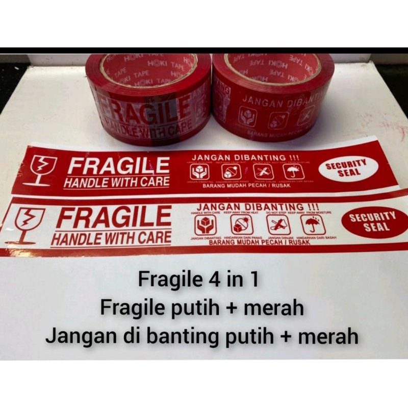 lakban FRAGILE  jangan dibanting 100 yard FRAGILE MERAH FRAGILE PUTIH