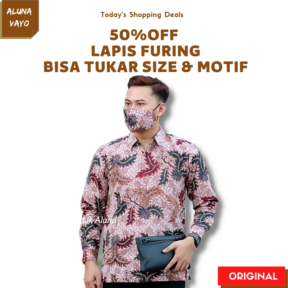 Baju Kemeja Kameja Atasan Hem Pakaian Batik Pria Lengan Panjang Kekinian Set Abu Aluna Ungu Original