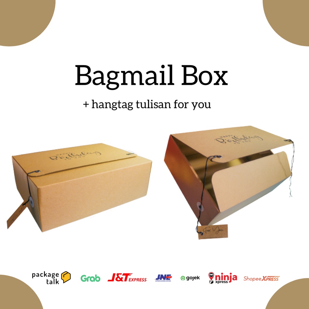 

Bagmail box/kardus custom/box packing/kardus packing/kotak ulang tahun/custom box/custom box packaging/hangtag box/bagmail box dengan tulisan happy birthday tambah hangtag tulisan for you ukuran 30x22x10 & 32.5x28x11