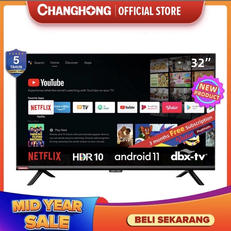 Changhong 32 Inch Newest Android 11 Frameless Smart TV Digital LED TV HD (L32G7N)-Netflix-Youtube Garansi Resmi 5 Thn (L32G7N)