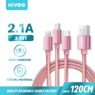 Kivee Kabel 3-IN-1 Android Micro USB Type-C IOS Iphone Fast Charging Samsung Iphone2.1A