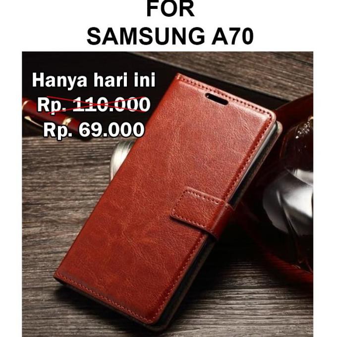 FLIP COVER WALLET CASE SAMSUNG A70 SOFTCASE CASING HP LEATHER DOMPET - HITAM