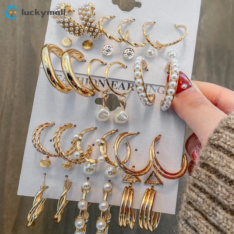 12Pcs/Set anting emas mutiara Wanita Berongga Cinta Hati anting liontin Hadiah Perhiasan Aksesoris