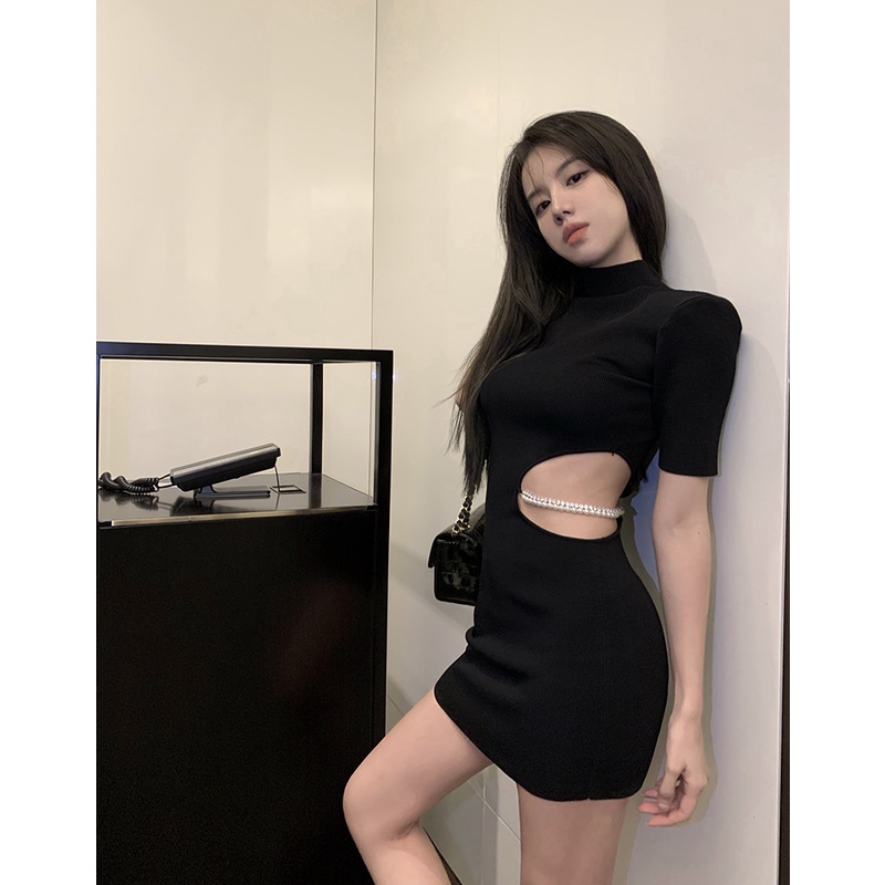 midi dress korea peri pinggang terbuka gaun berongga leher tinggi lengan pendek paket hitam rok pend