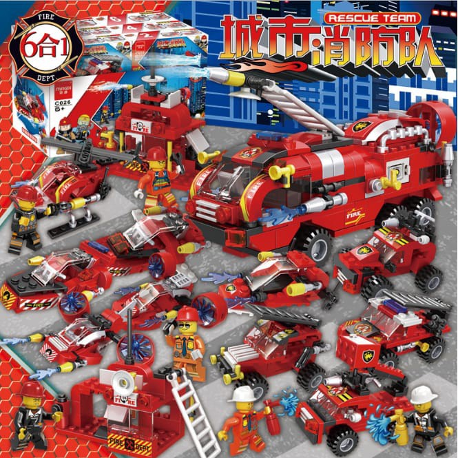 [tma]387pcs Balok Susun Pemadam Kebakaran 6 in 1 / Balok Fire Fighter / Mainan Anak