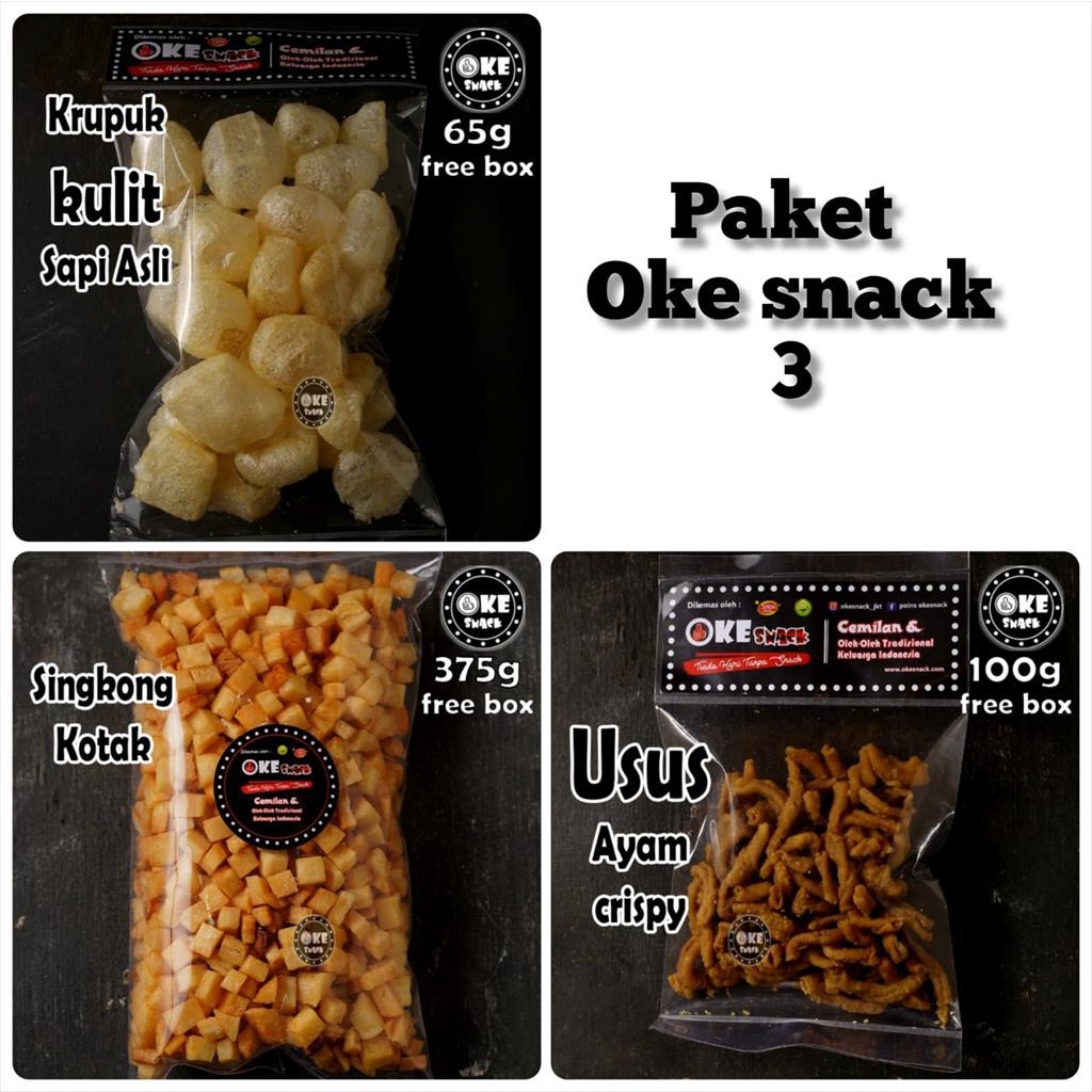 Paket Oke Snack 3  Usus Singkong Kotak Kerupu Kulit Ori