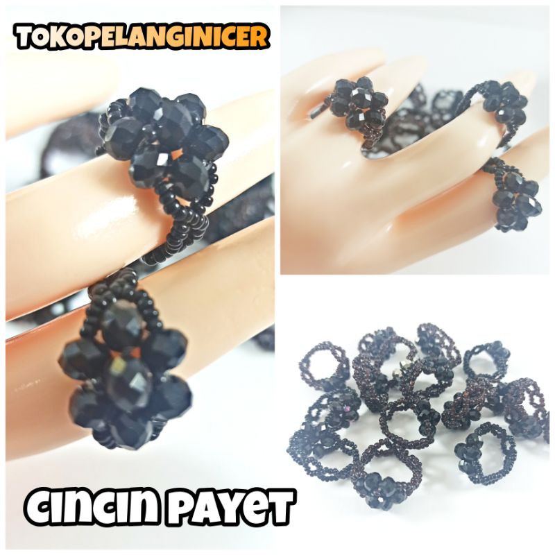 Cincin Payet Kasual Hitam - Cincin Handmade Cantik - Aksesoris Wanita Cincin Fashion Korea Style