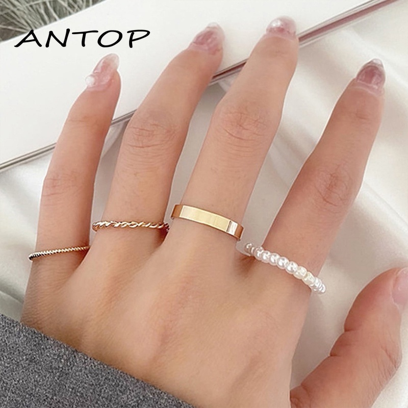 Korea Wanita Mutiara Cincin Wanita Emas Cincin Logam Set Fashion Perhiasan Aksesoris  ANTOP