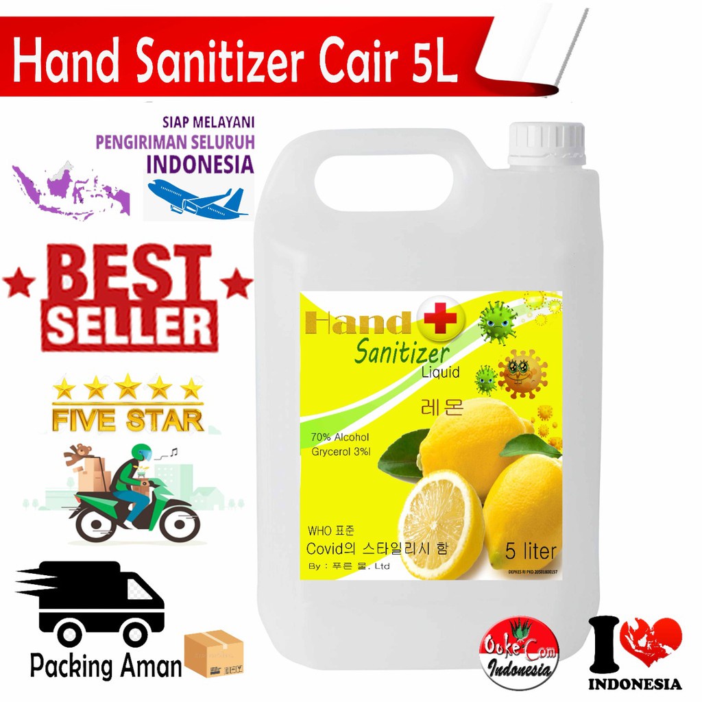 Hand Sanitizer 5 Liter Cair all Varian wangi nipis, aloe vera, stroberi dan lavender segar (OK) KEMENKES sudah ada izin edar resmi by Oke sabun suplayer