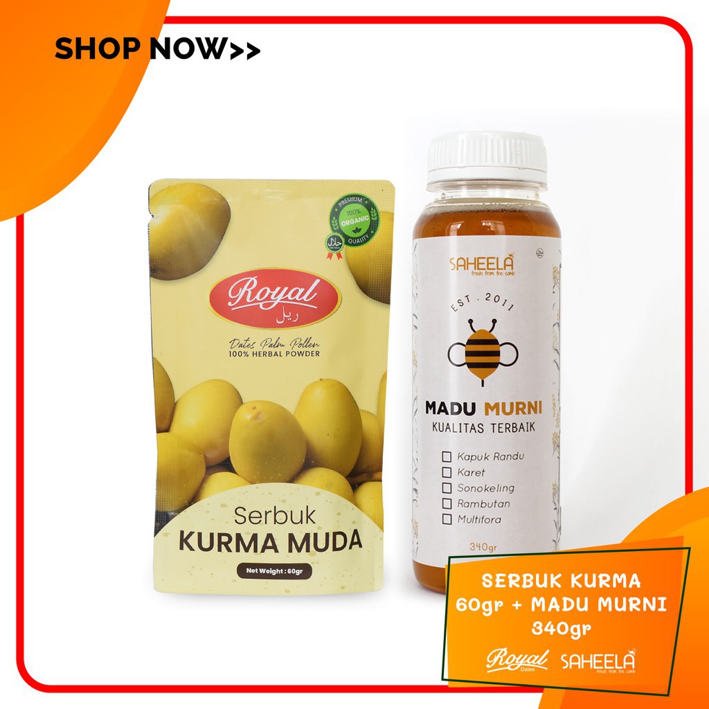 

[COD] Paket Promil Serbuk Kurma Muda Royal Dates 60gr & Madu Murni Saheela 340gr