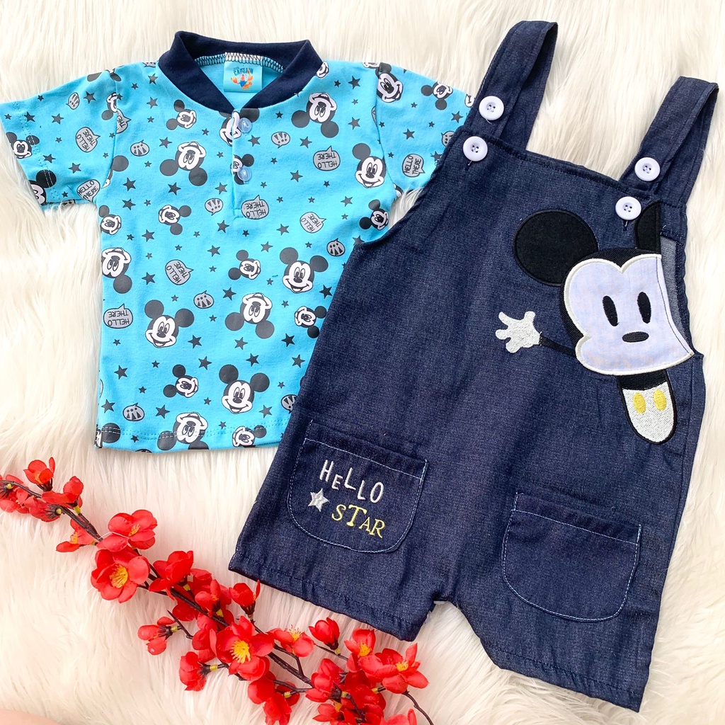 Baju setelan kemeja dan overall jeans keren bestseller bagus fashion anak bayi cowok laki murah -hel