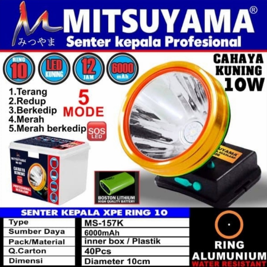 MITSUYAMA MS 157K SENTER KEPALA LED CAHAYA KUNING 80W 6000mAh 12 JAM