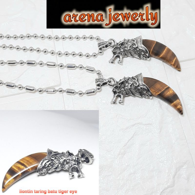 Kalung Baja Putih Plus Liontin Taring Batu Alam Tiger Eye | Kalung Pria Wanita | Liontin Kalung