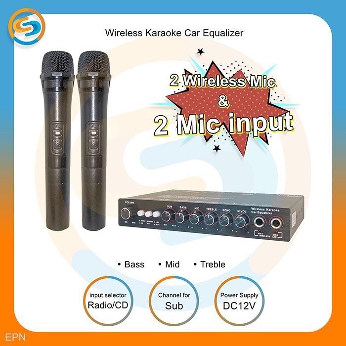 pre amp wireless karaoke car equalizer with 2 mic wireless 2 mic input