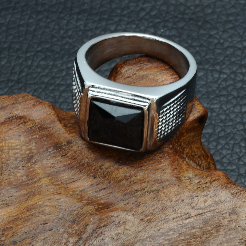 Kristal Batu Permata Hitam Cincin Pria Baja Titanium Perak Fashion Crystal Rings