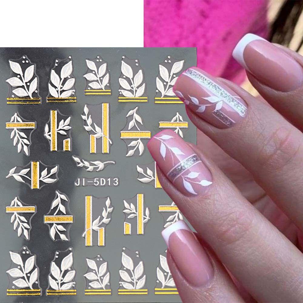 AUGUSTINA Agustina Bunga Stiker Kuku Wanita 5D Relief Alfabet Inggris Daun Self Adhesive Nail Art Dekorasi