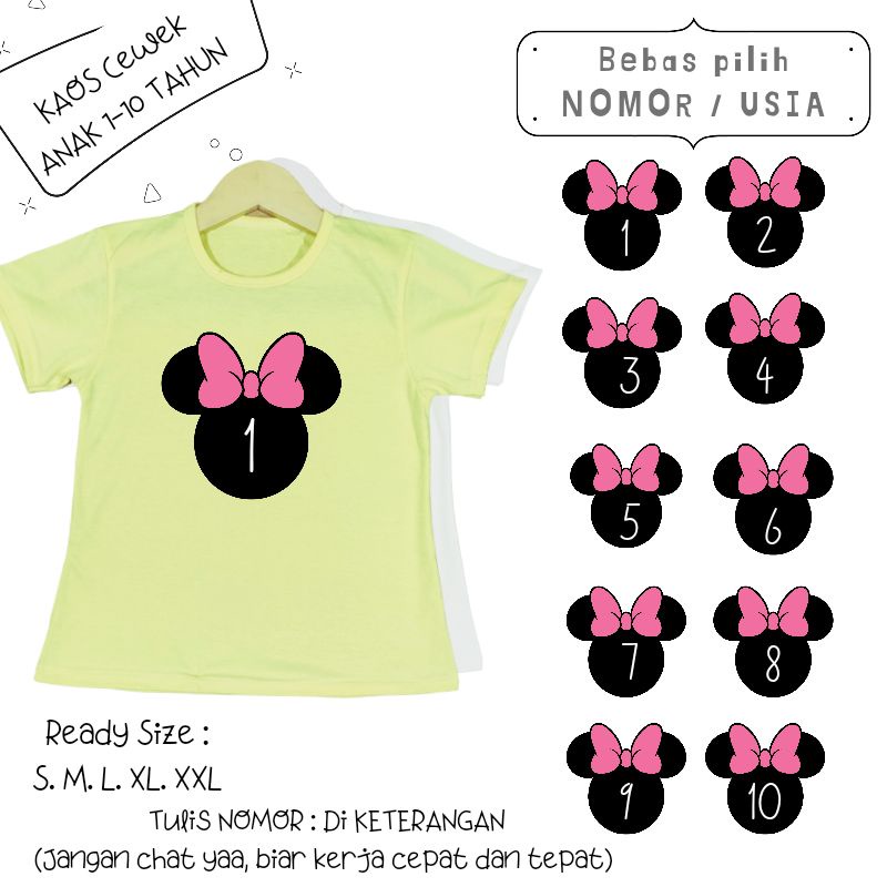 Baju Kaos Anak Cewek 3-12 tahun sampai Dewasa Jumbo MINNIE PITA