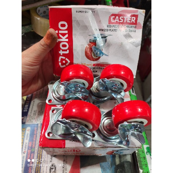 roda merah 2inch kunci /rem 1set (isi 4pc) TOKIO roda gepeng