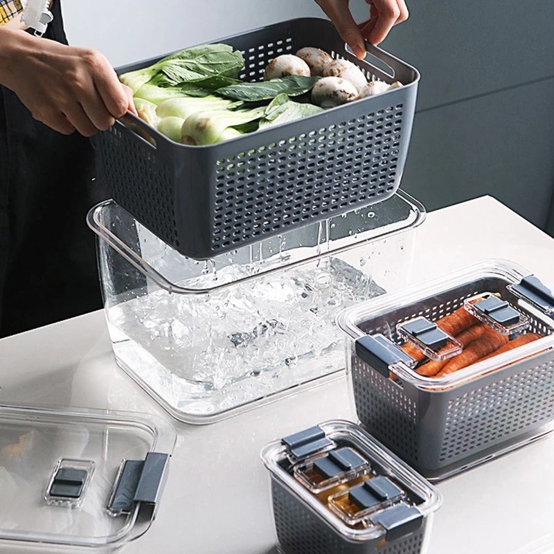 Toples Penyaring Ukuran Medium Kotak Penyimpan Makanan Kulkas Keranjang Box Container Kontainer Peyimpanan Penyaring Strainer Cuci Sayur Buah - Medium