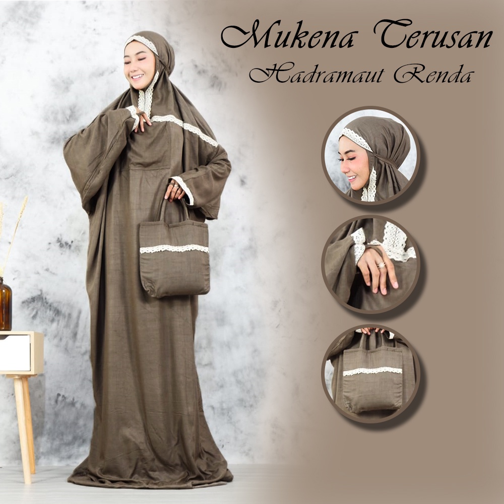 Mukena Terusan Dewasa Hadramaut Renda - Mukenah Traveling Polos Jumbo Rayon Premium Bali Murah