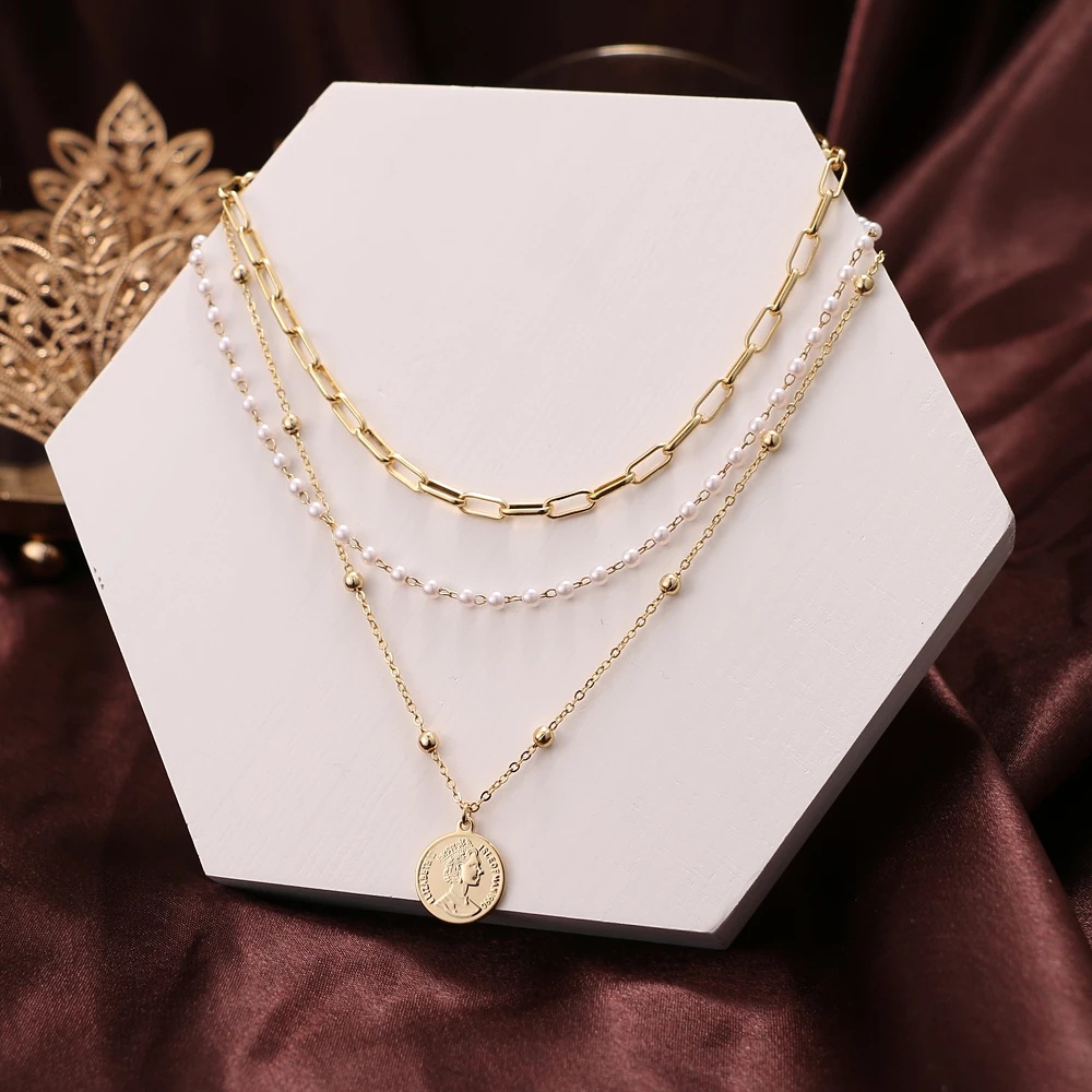 IFYOU Fashion Multilayer Pearl Gold Necklace Portrait Pendant Necklace Chain Choker Women Jewelry Accessories