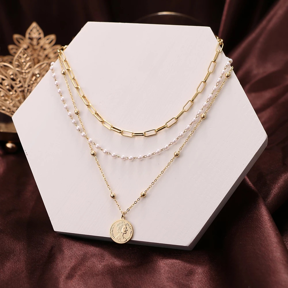 AY(CN) Three Layers Gold Chain Shine Necklace Fashion Moon Coin Crystal Necklace Women Jewelry Accessories Gift